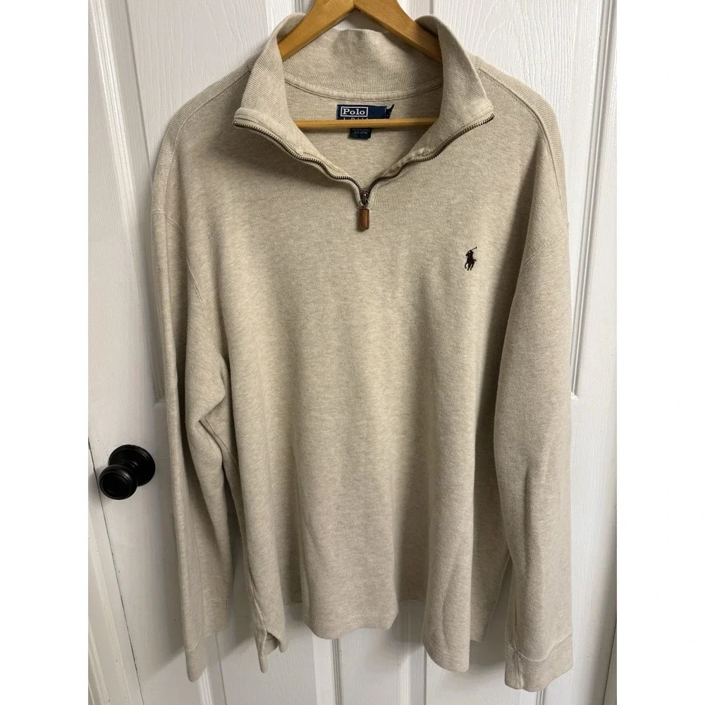 Polo Ralph Lauren Sweater Men's 2XL Cream 1/4 Zip Pullover Mock Neck Brown Pony